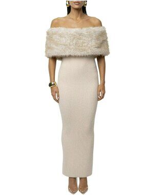 Revolve JLuxLabel Faux Fur Detail Off Shoulder Rib Knit Midi Dress New